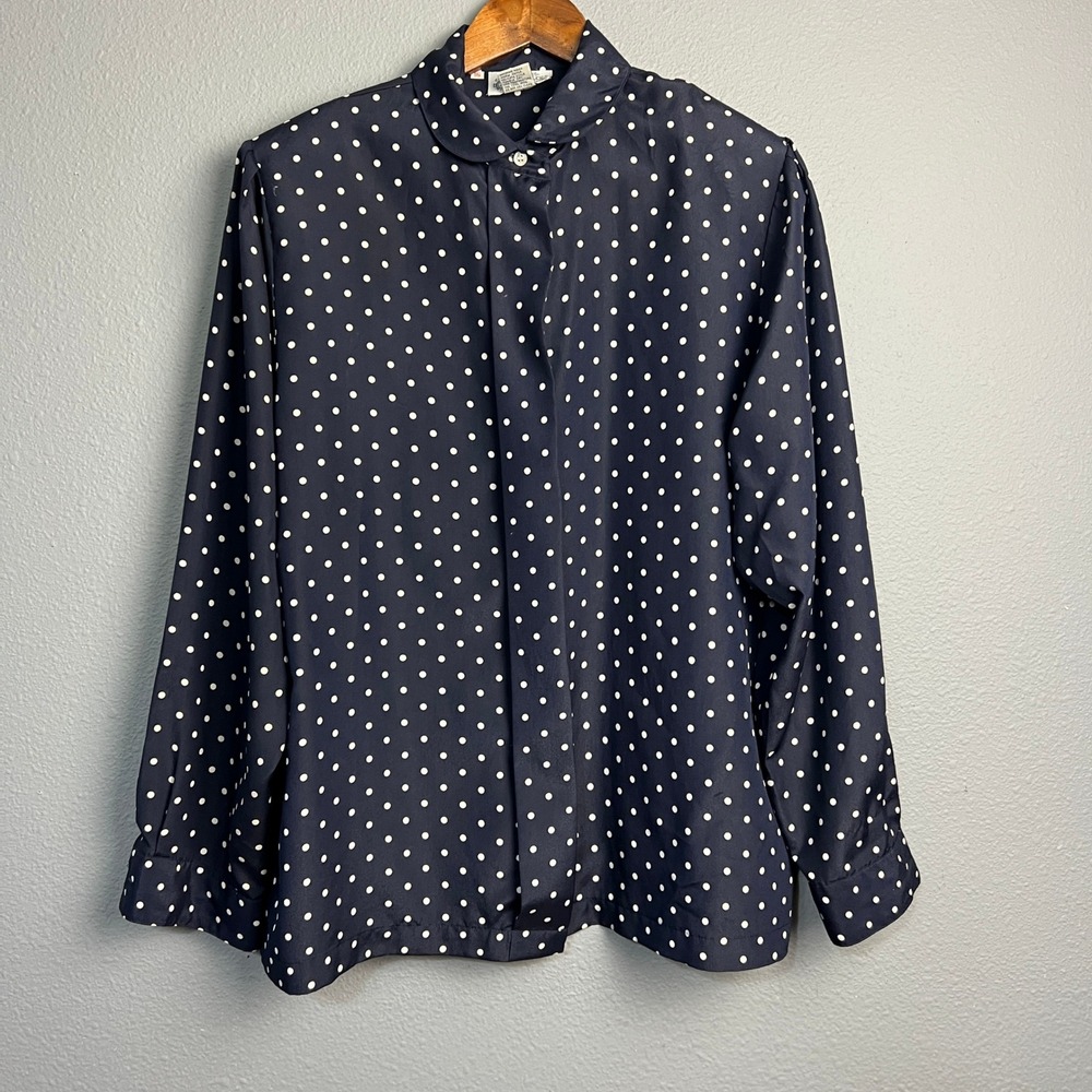 Vintage 80s Polka Dot‎ Blouse The Villager Navy White Career Wear Church Size 16